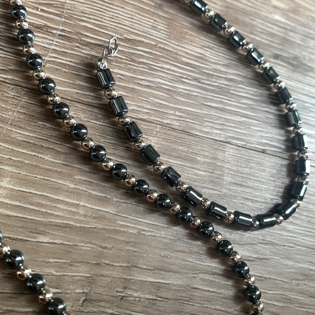 Hematite And Stainless Steel Necklace  Bracelet Set